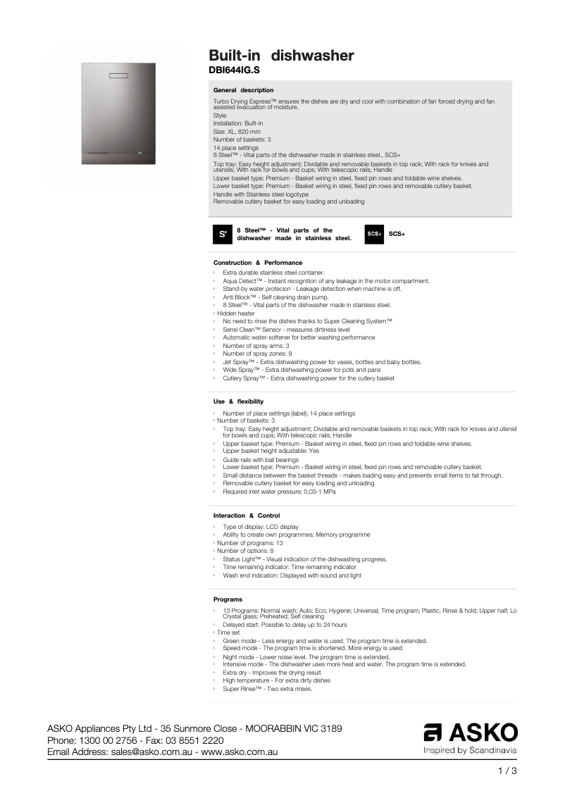 Page n°1 - Fiche technique Asko DBI644IG.S