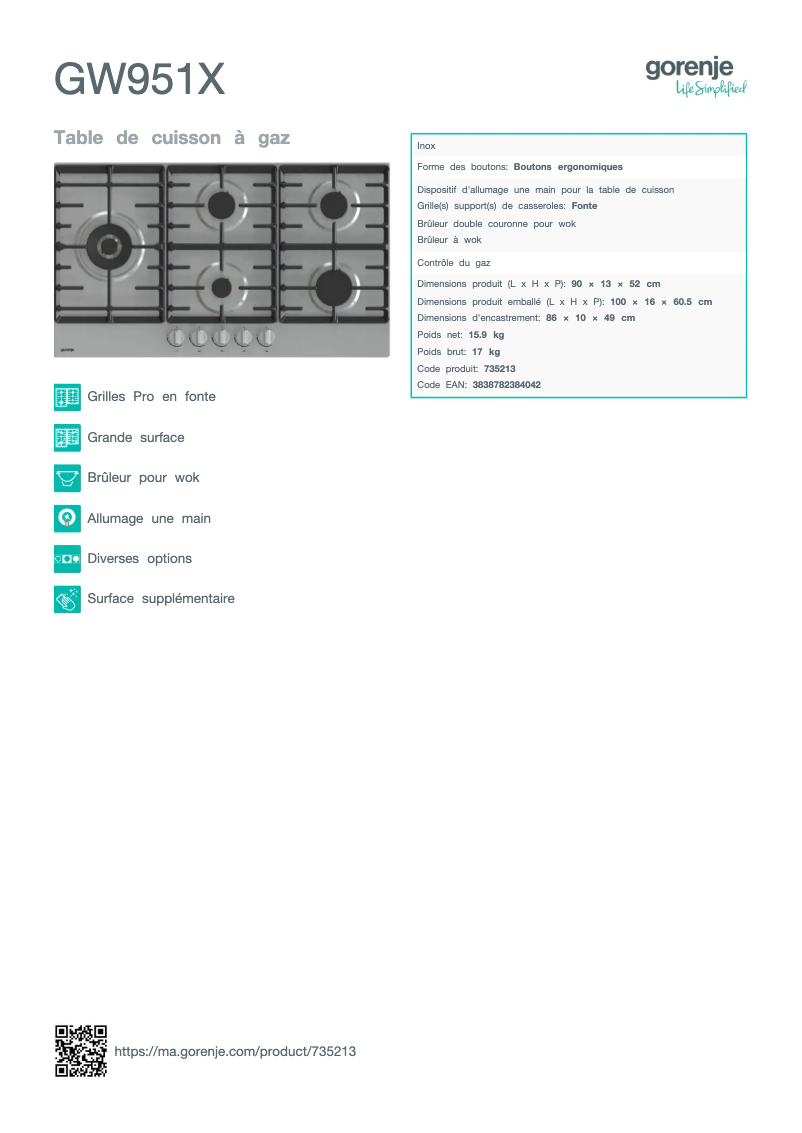 Page n°1 - Fiche technique Gorenje GW951X