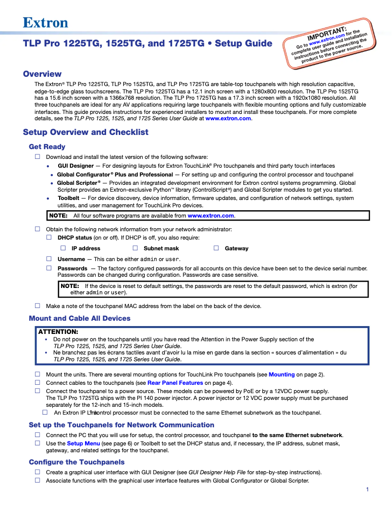 Page n°1 - Manuel utilisateur Extron TLP Pro 1225TG