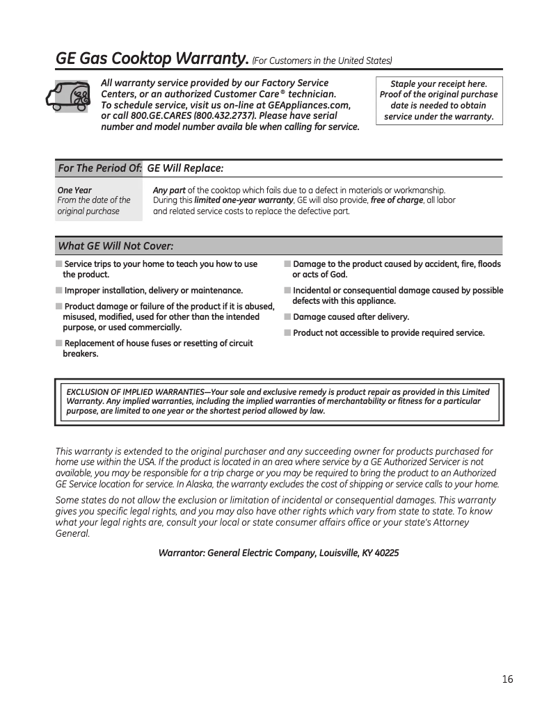 Page n°1 - Informations de garantie GE JGP3030DLWW