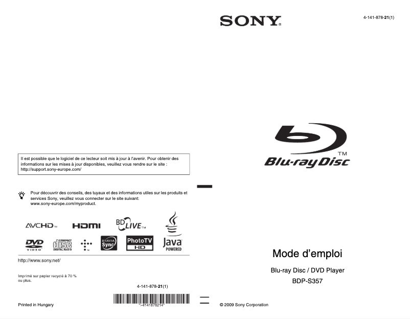 Page 1 de la notice Manuel utilisateur Sony BDP-S357