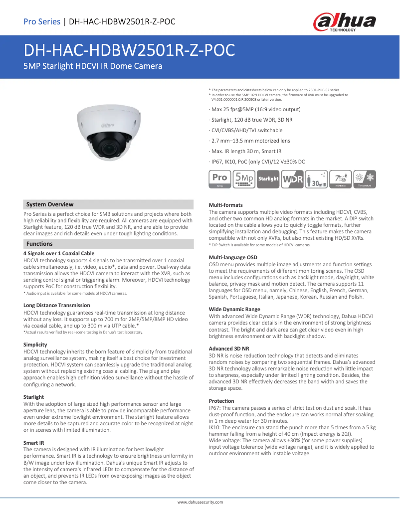 Page n°1 - Fiche technique Dahua Technology HAC-HDBW2501R-Z-POC