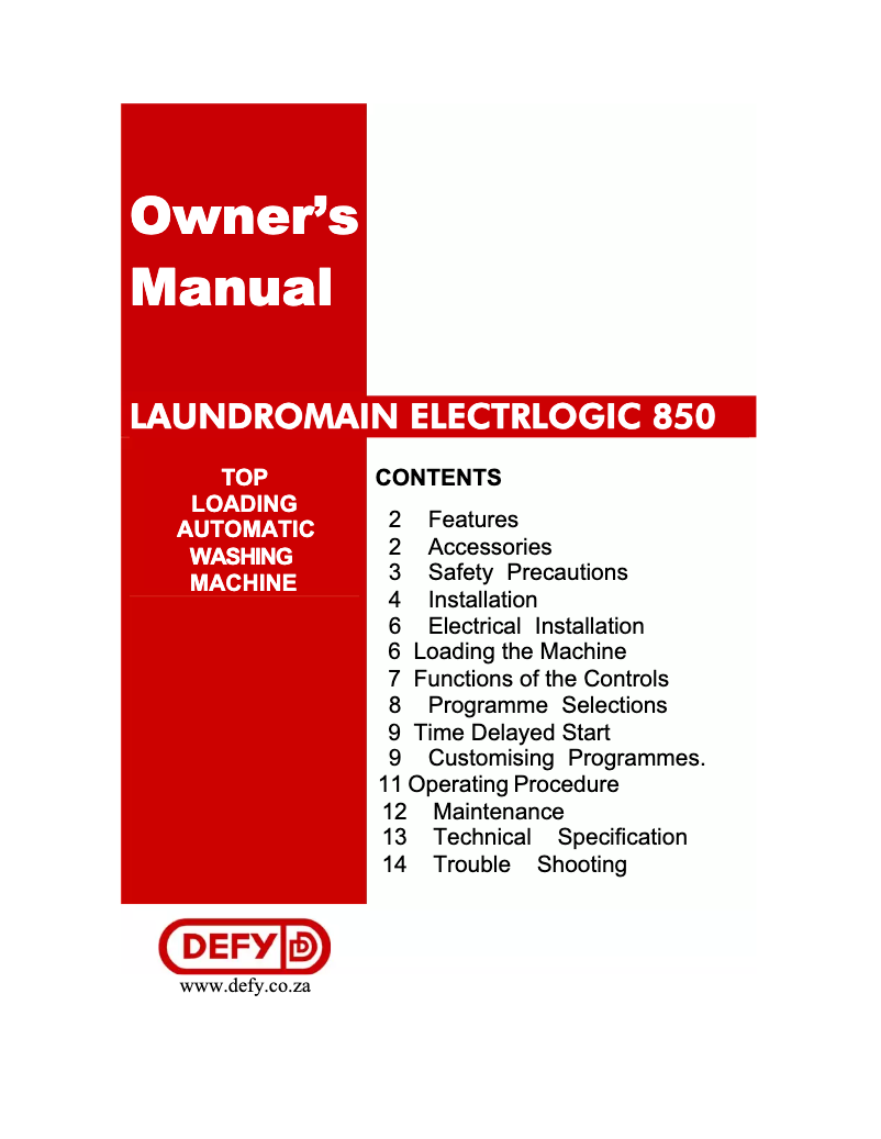Page n°1 - Manuel utilisateur Defy Laundromaid Electrologic 850