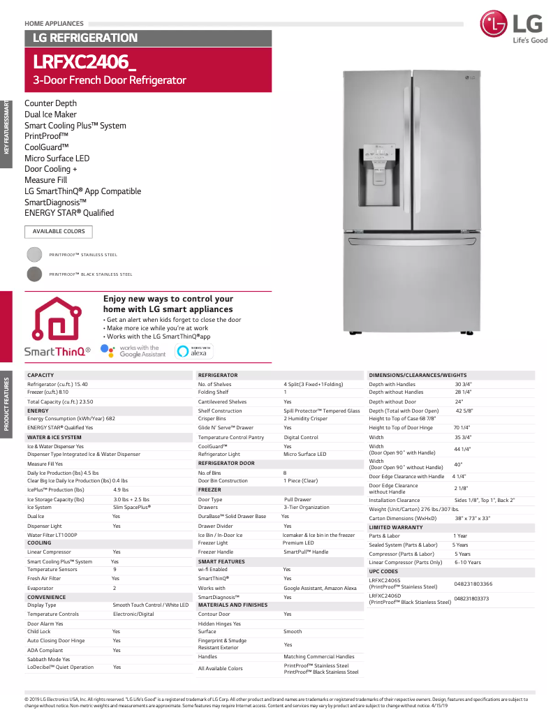 Page 1 de la notice Fiche technique LG LRFXC2406D
