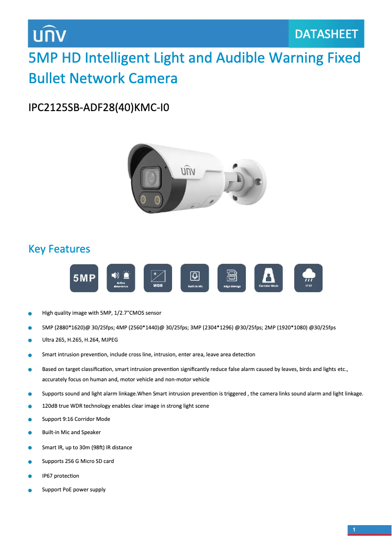 Page 1 de la notice Fiche technique UniView IPC2125SB-ADF28(40)KMC-I0