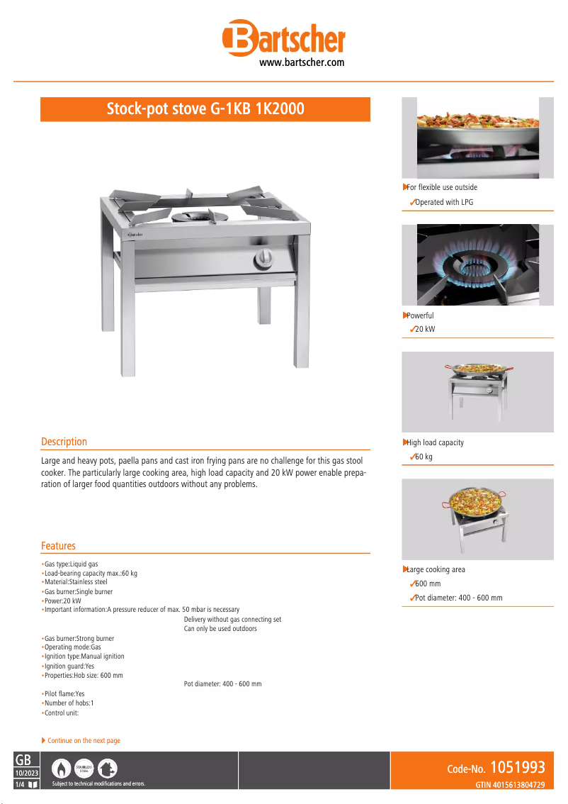 Page n°1 - Fiche technique Bartscher G-1KB 1K2000