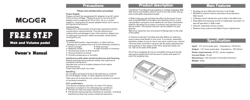Page 1 de la notice Manuel utilisateur Mooer Free Step