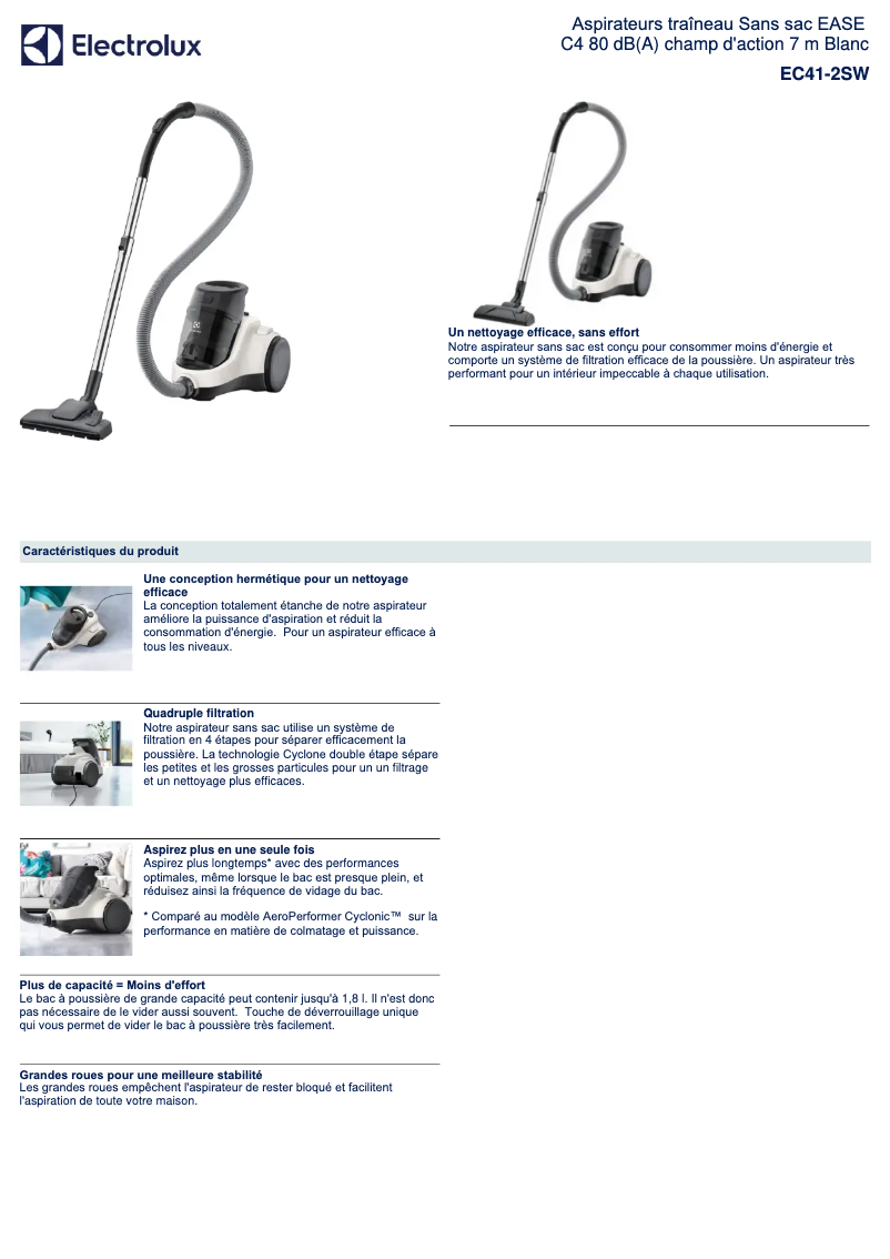 Page 1 de la notice Fiche technique Electrolux Ease C4 EC41-2SW