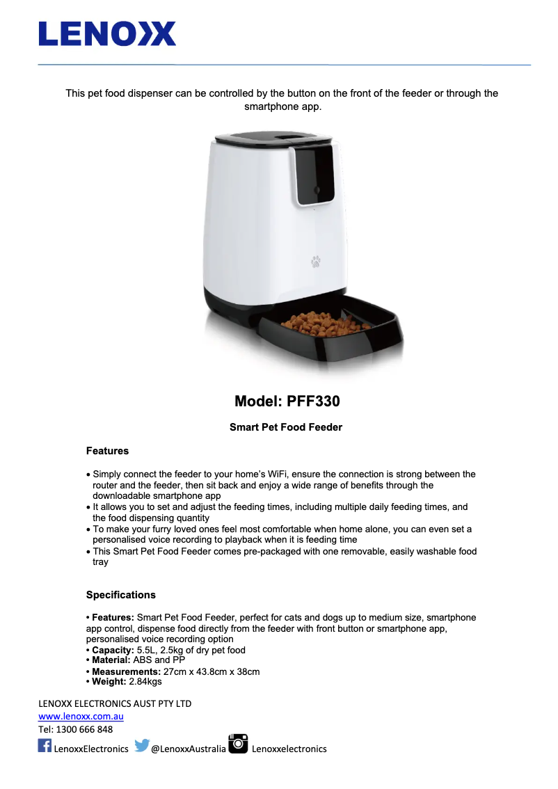 Page 1 de la notice Fiche technique Lenoxx PFF330