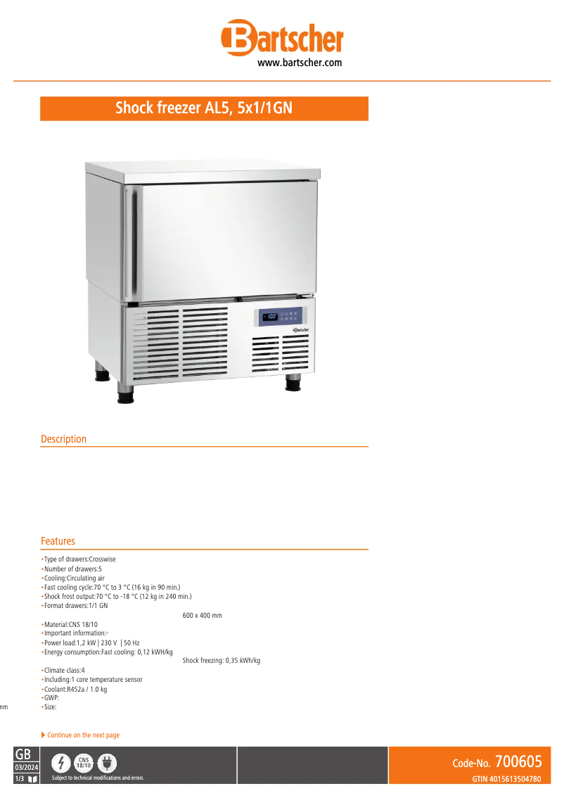 Page 1 de la notice Fiche technique Bartscher 700605