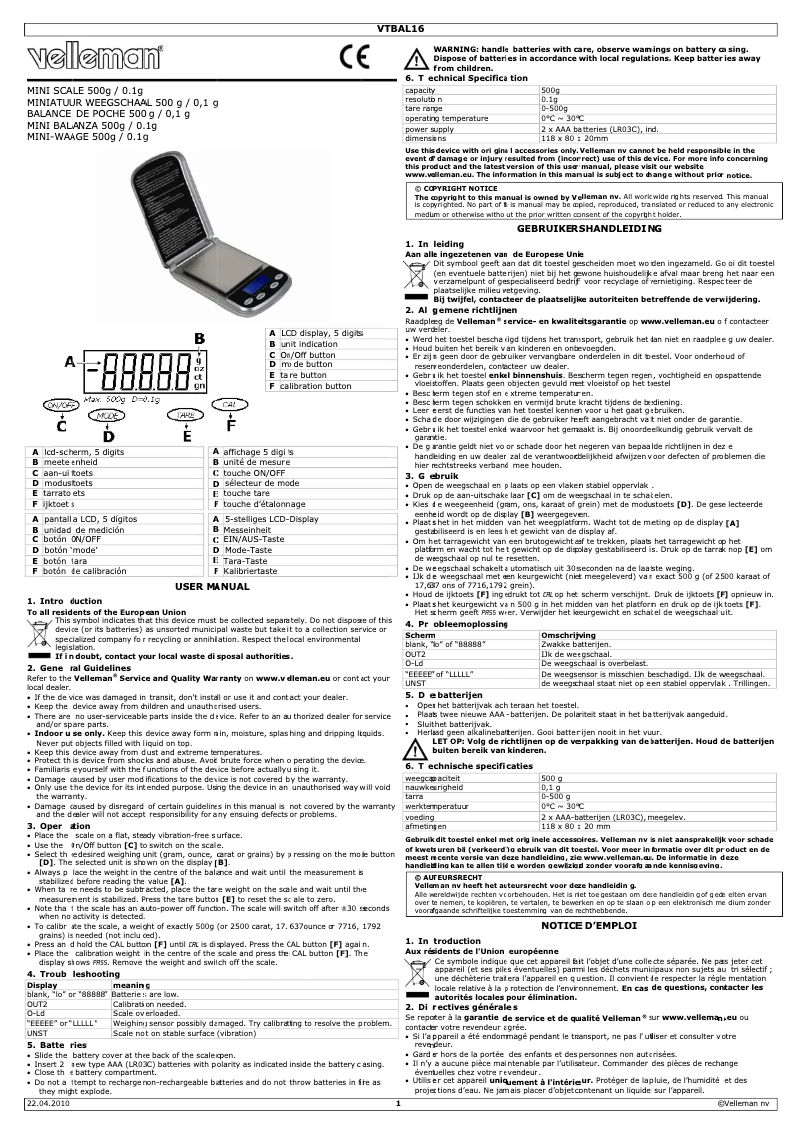 Image de la première page du manuel de l'appareil VTBAL16