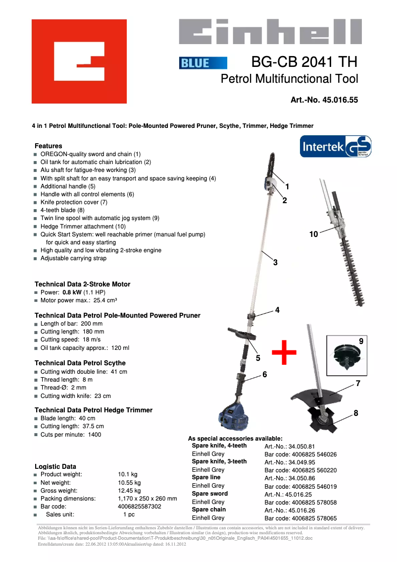 Page 1 de la notice Fiche technique Einhell BG-CB 2041 TH