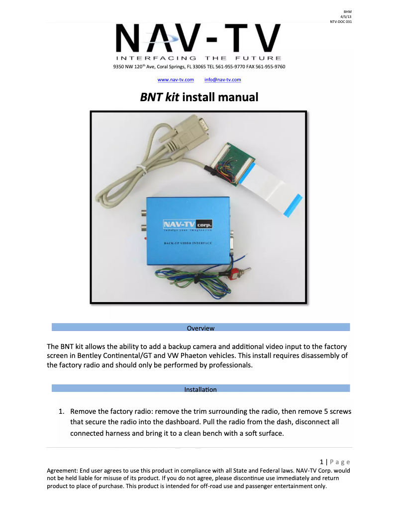 Image de la première page du manuel de l'appareil NVT-KIT058
