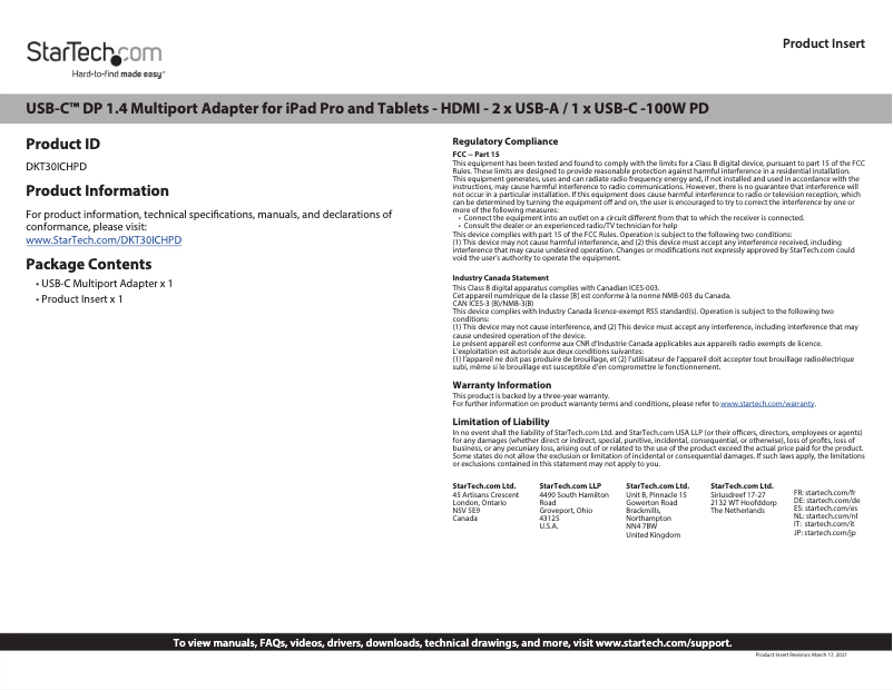 Page n°1 - Manuel utilisateur StarTech.com DKT30ICHPD