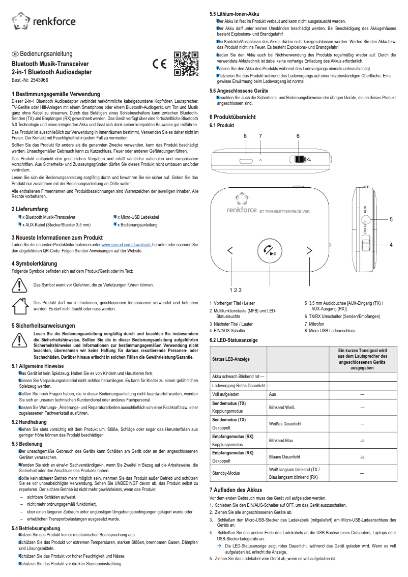 Page 1 de la notice Manuel utilisateur Renkforce RF-BTR-150