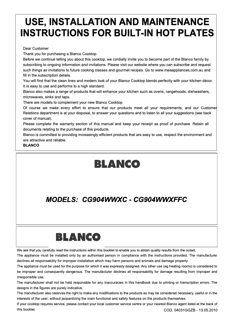 Page n°1 - Manuel utilisateur BLANCO CG904WWXFFC