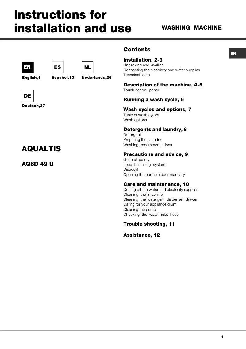 Page 1 de la notice Manuel utilisateur Hotpoint Aqualtis AQ8D 49 U