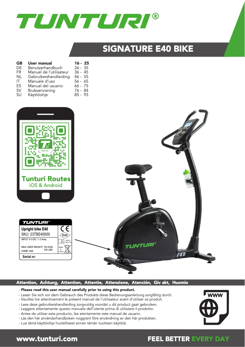 Page 1 de la notice Manuel utilisateur Tunturi Signature E40