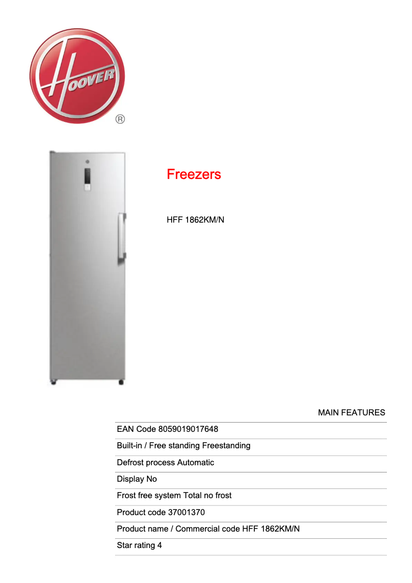 Page 1 de la notice Fiche technique Hoover HFF 1862KM/N