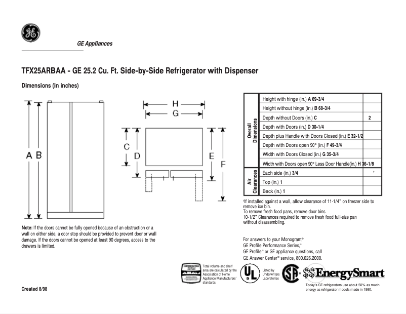 Página 1 del manual Ficha técnica GE TFX25ARBAA