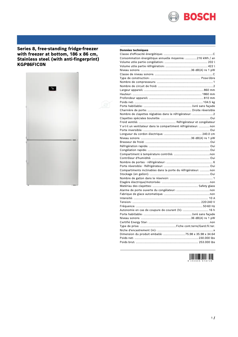 Page n°1 - Fiche technique Bosch KGP86FIC0N