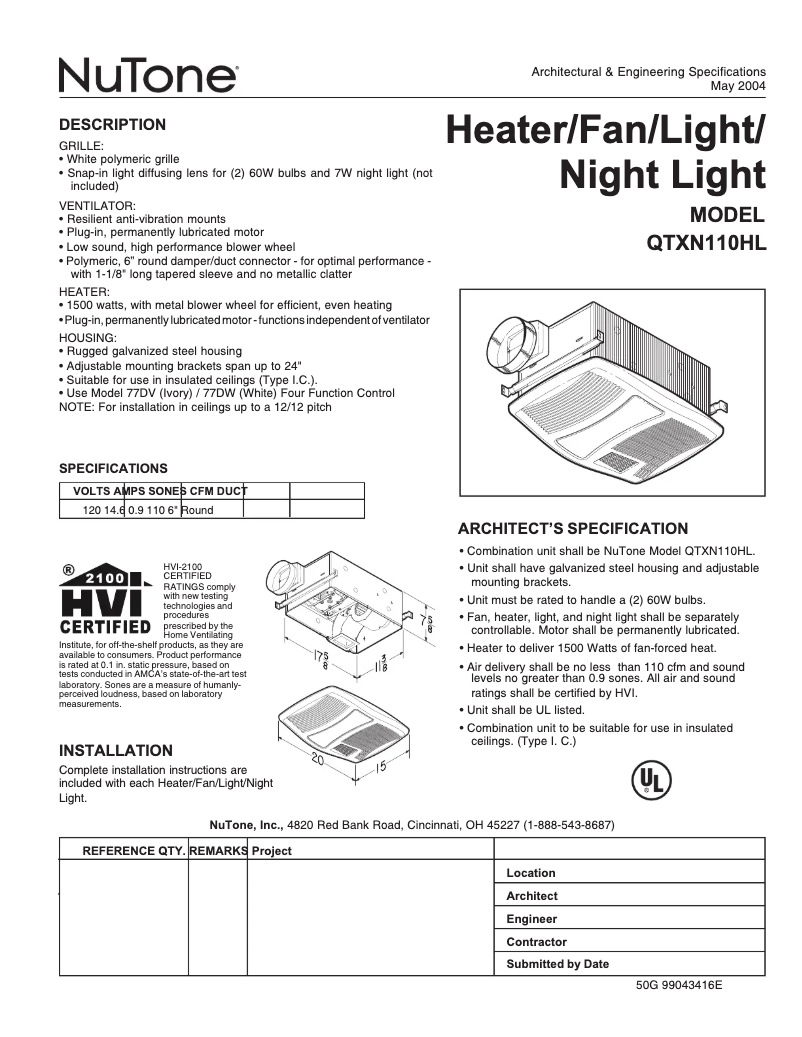 Page 1 de la notice Fiche technique NuTone QTXN110HL