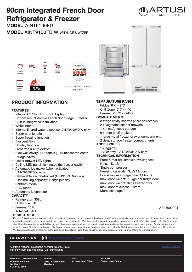 Página 1 del manual Ficha técnica Artusi AINT9100FD