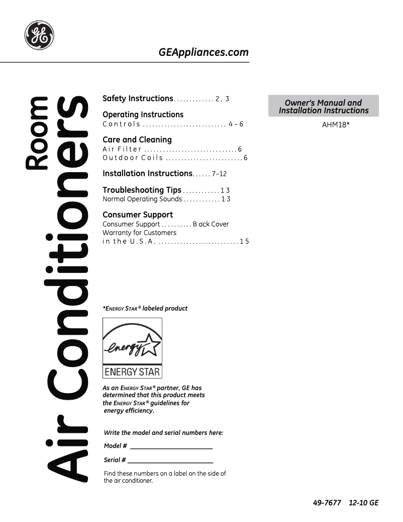 Page 1 de la notice Manuel d'utilisation et d'entretien GE AHM18DP