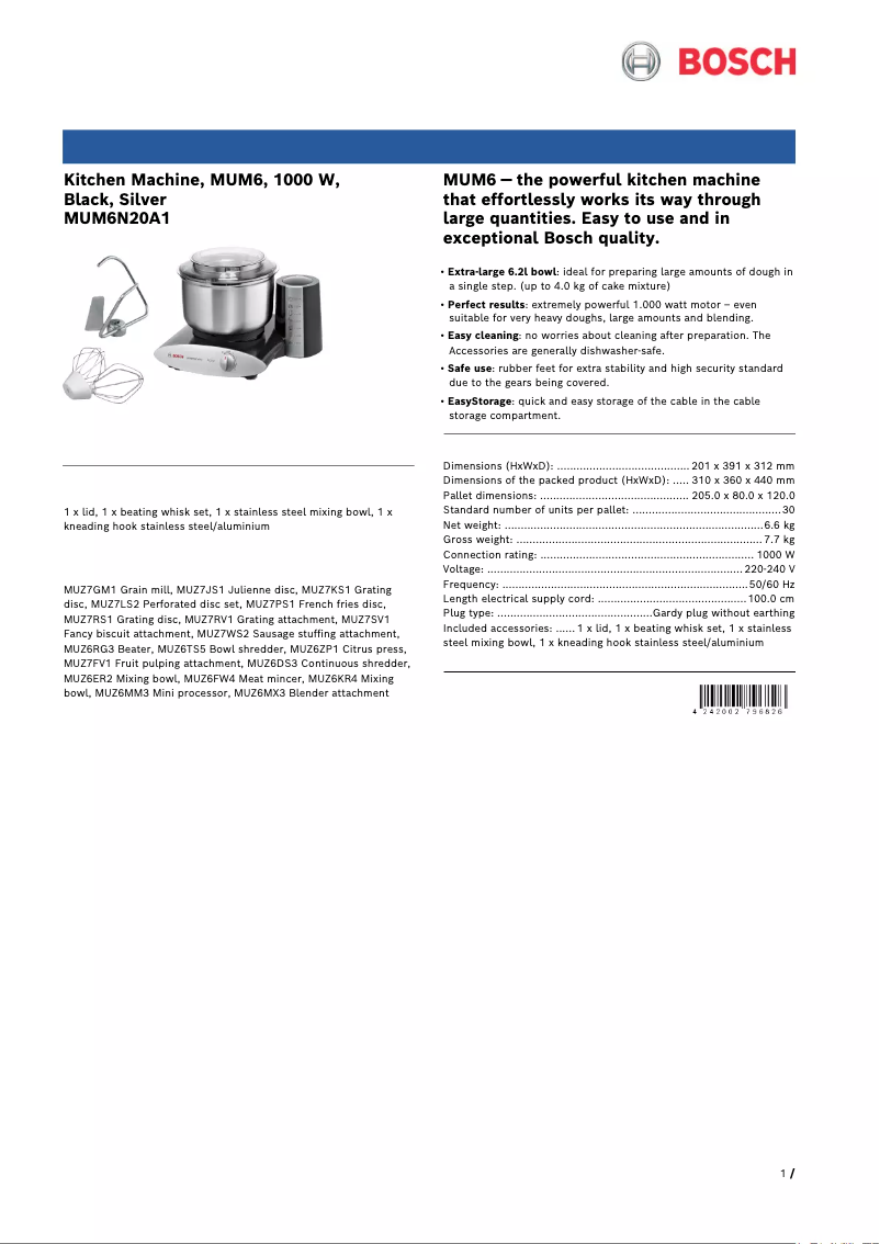 Page n°1 - Fiche technique Bosch MUM6N20A1