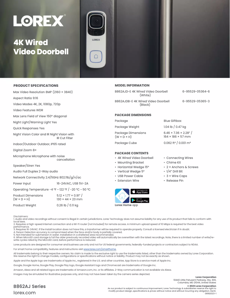 Page 1 de la notice Fiche technique Lorex B862AJD