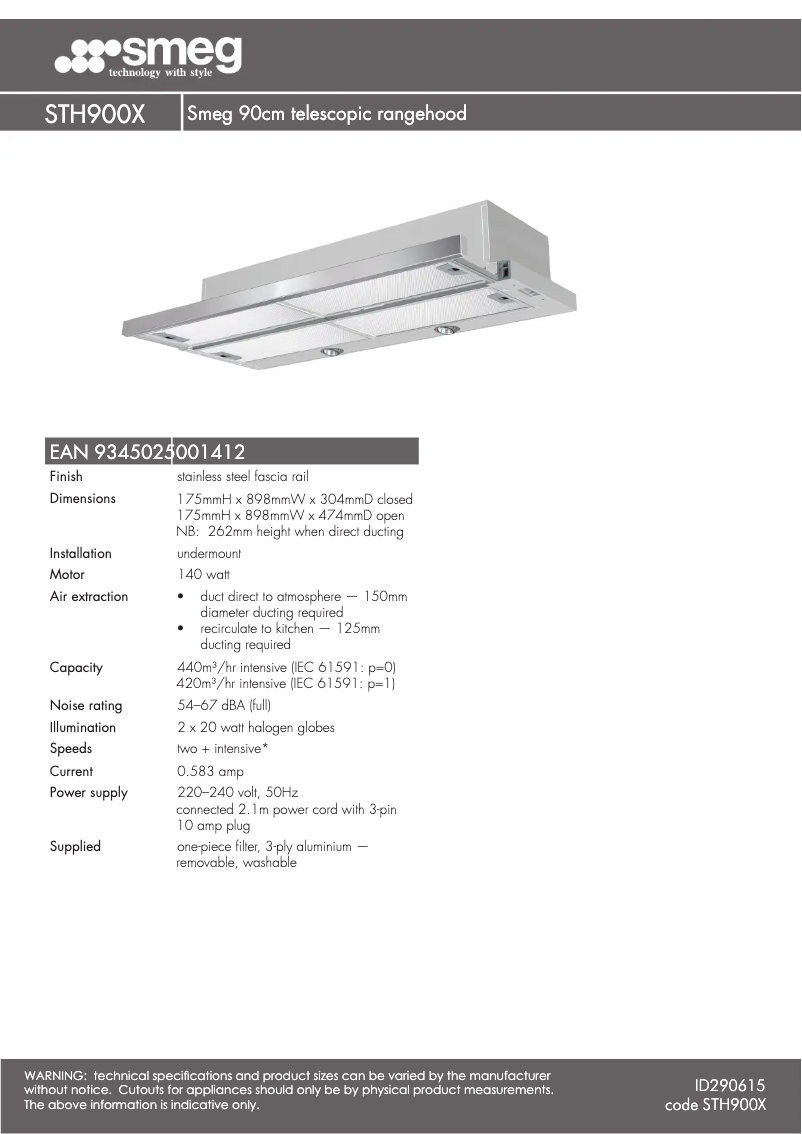 Page 1 de la notice Fiche technique Smeg STH900X