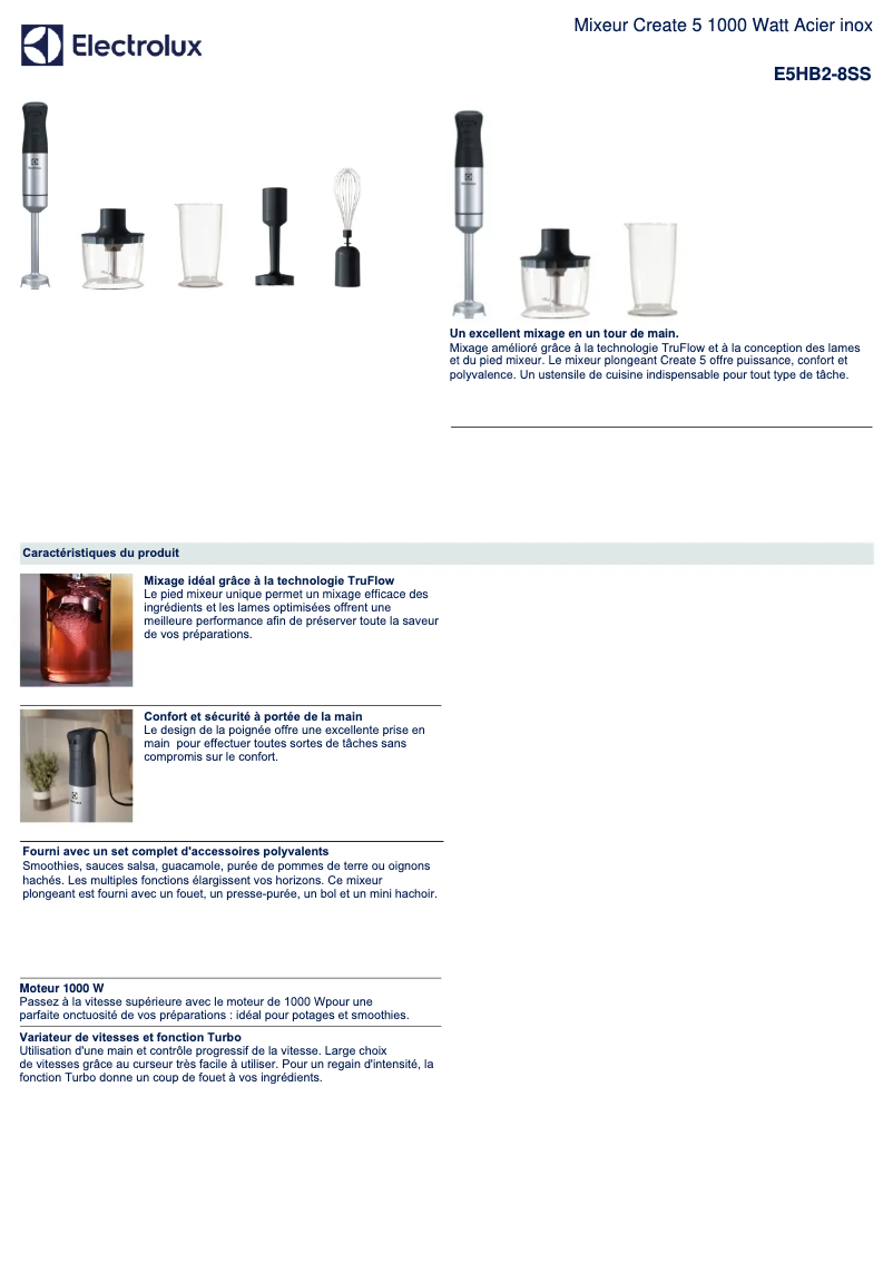 Page 1 de la notice Fiche technique Electrolux Create 5 E5HB2-8SS