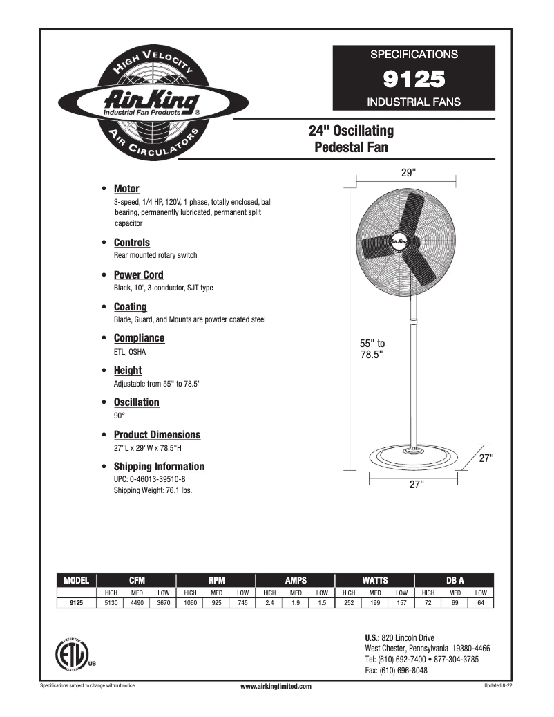 Page 1 de la notice Fiche technique Air King 9125