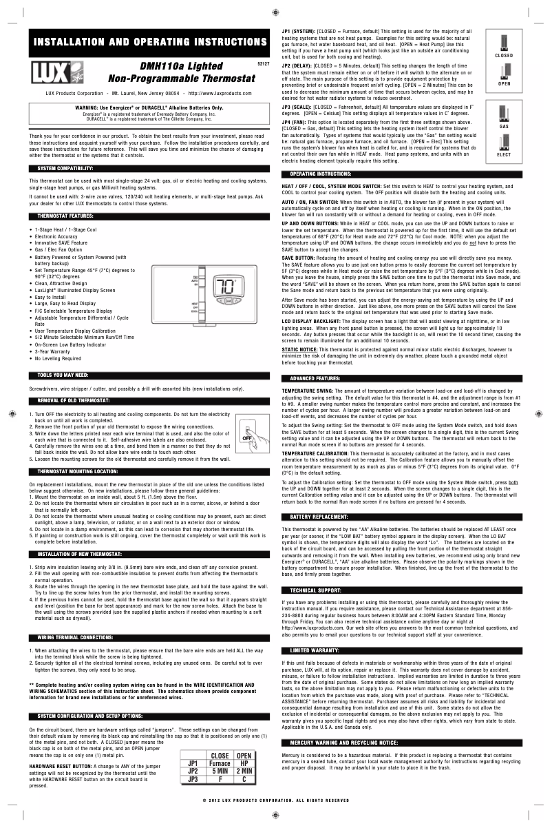 Page 1 de la notice Manuel utilisateur Lux DMH110-010