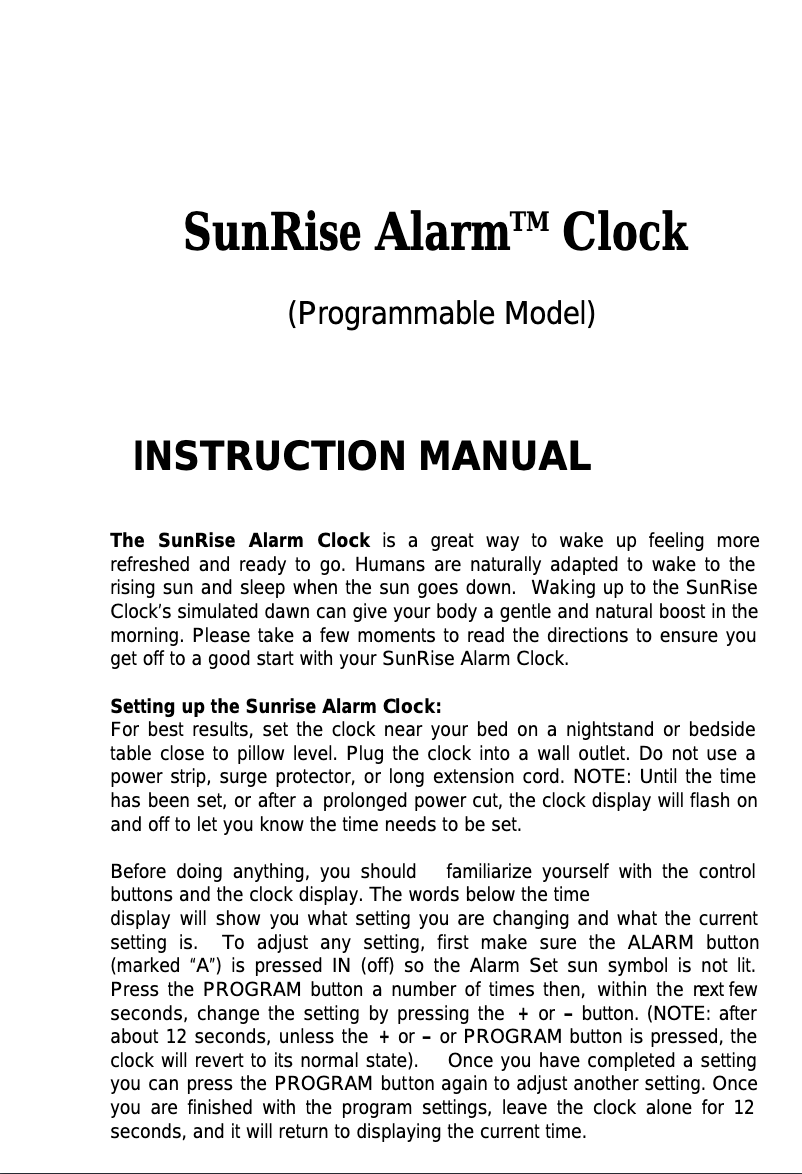 Page n°1 - Manuel utilisateur BioBrite SunRise