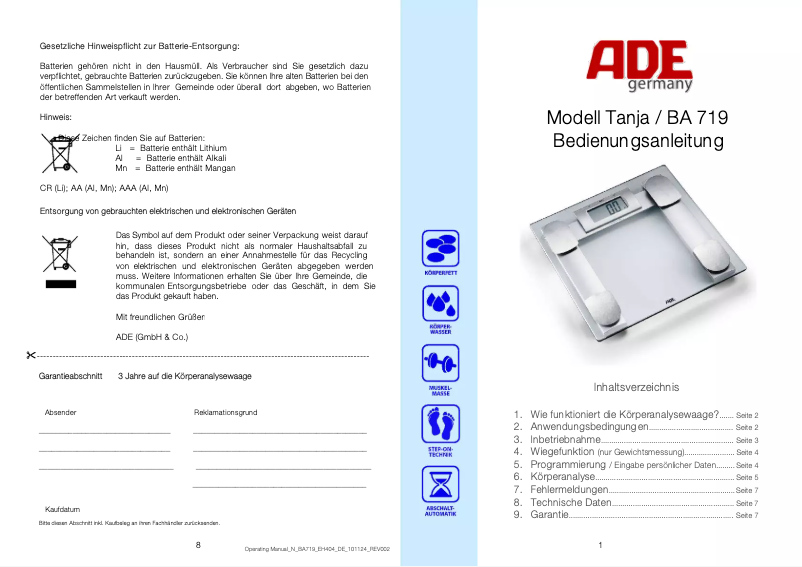 Page n°1 - Manuel utilisateur ADE Tanja BA 719