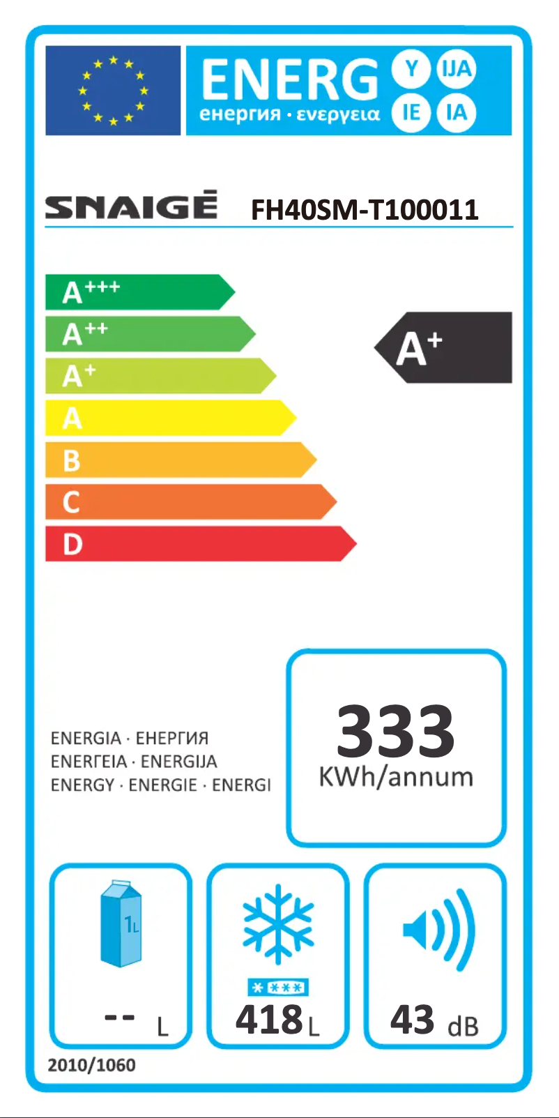 Page n°1 - Label énergétique Snaigė FH40SM-TM000F1