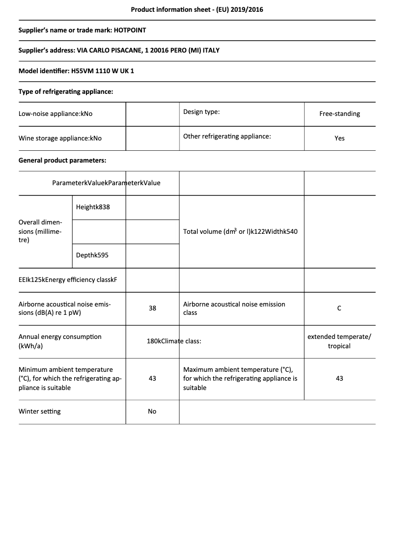 Page 1 de la notice Fiche technique Hotpoint H55VM 1110 W UK 1