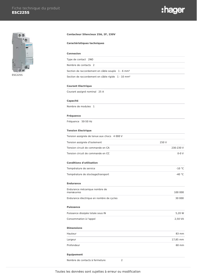 Page n°1 - Fiche technique Hager ESC225S
