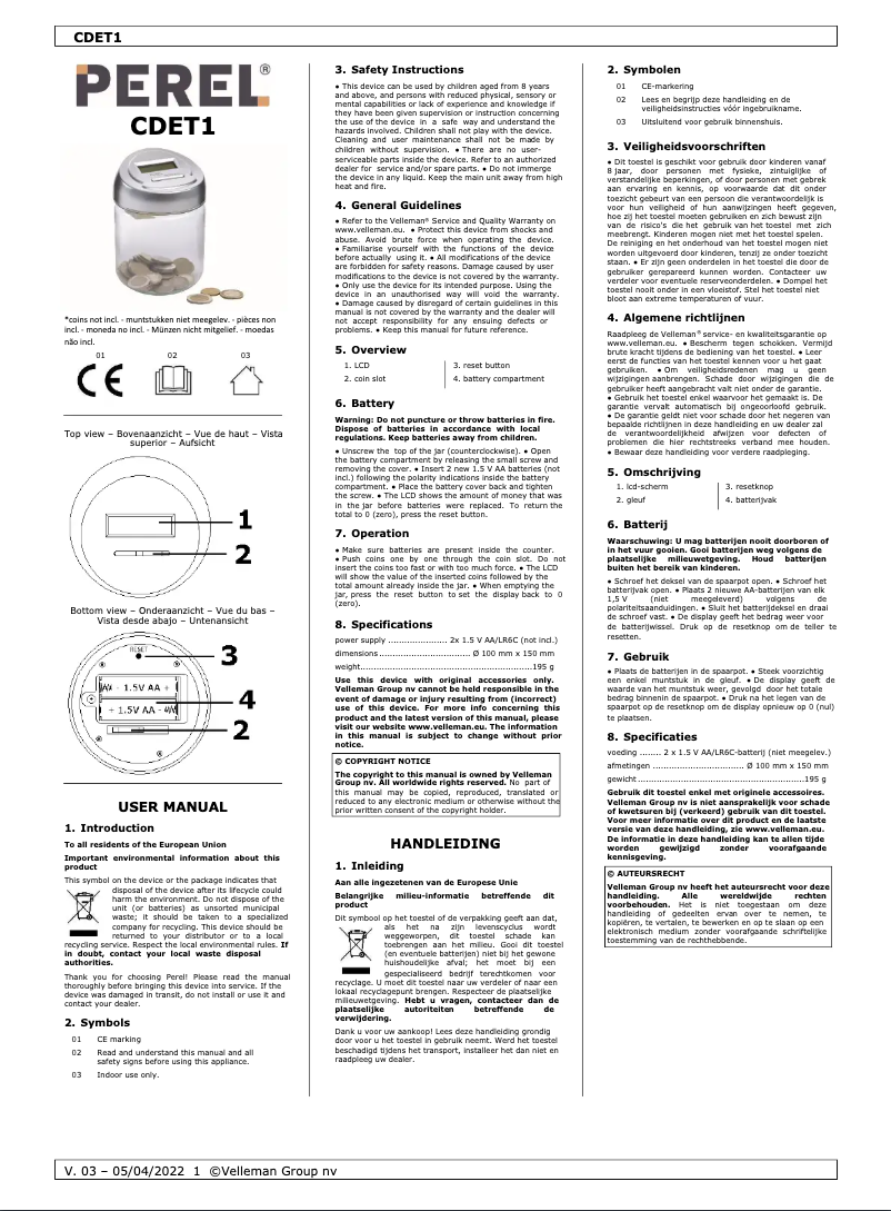 Page 1 de la notice Manuel utilisateur Perel CDET1