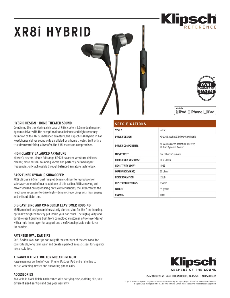 Page 1 de la notice Fiche technique Klipsch XR8i