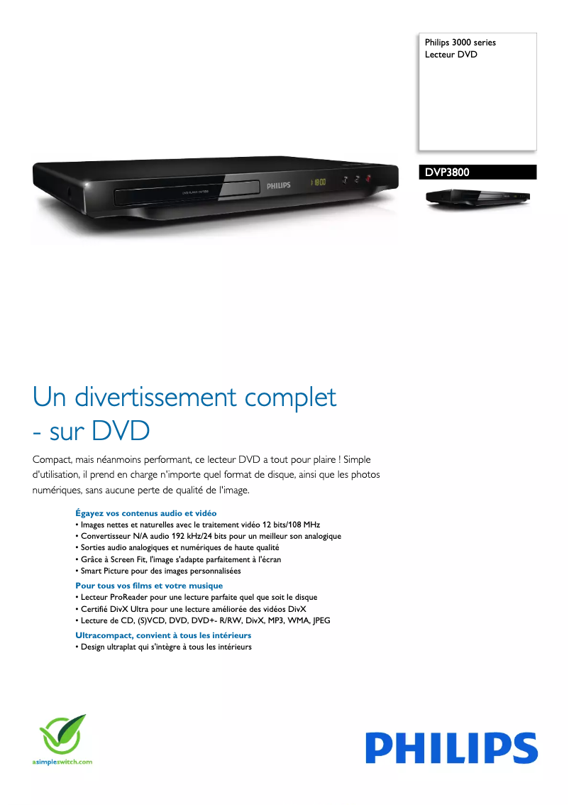 Page 1 de la notice Fiche technique Philips 3000 series DVP3800