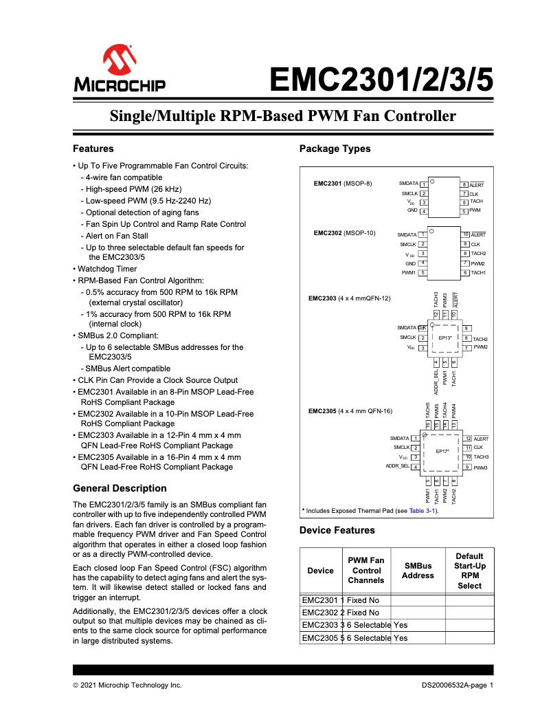 Page 1 de la notice Fiche technique Microchip EMC2301