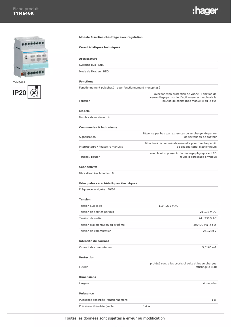 Page 1 de la notice Fiche technique Hager TYM646R
