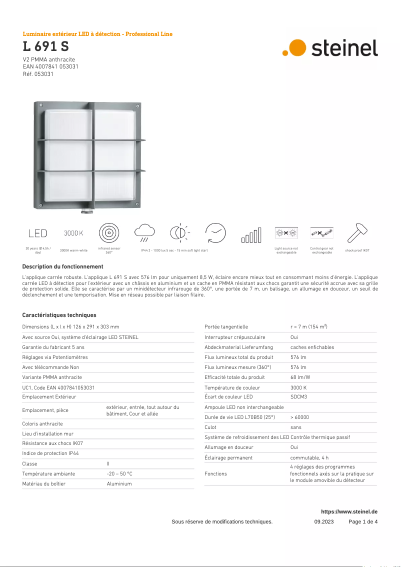 Page 1 de la notice Fiche technique Steinel L 691 S