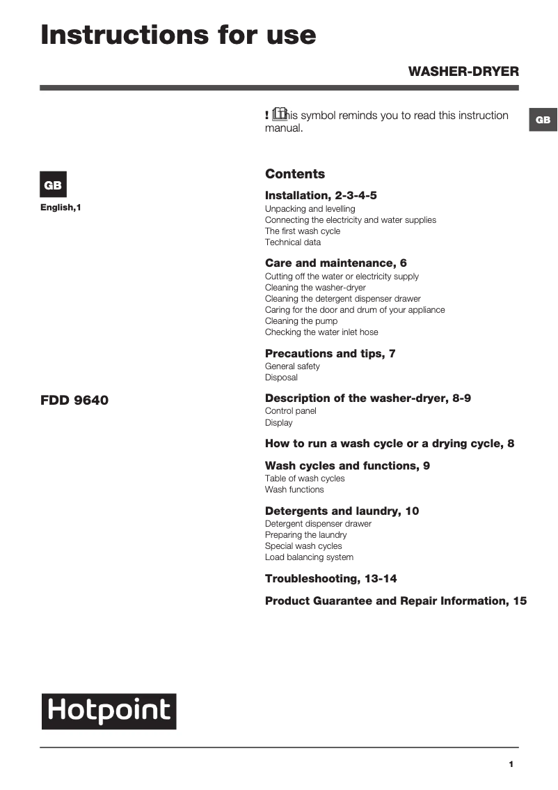 Page n°1 - Manuel utilisateur Hotpoint FDD 9640K UK