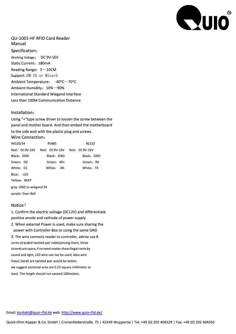 Page 1 de la notice Manuel utilisateur QUIO QU-1001-HF