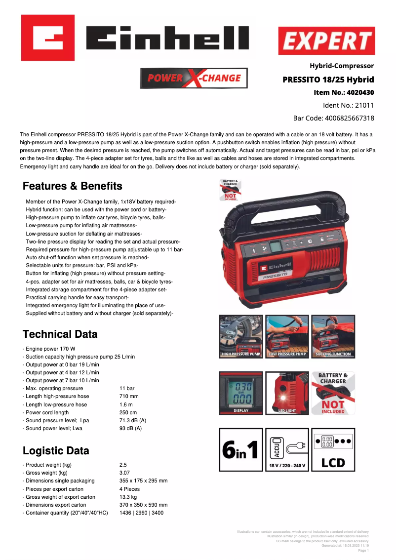 Page 1 de la notice Fiche technique Einhell PRESSITO 18/25 Hybrid