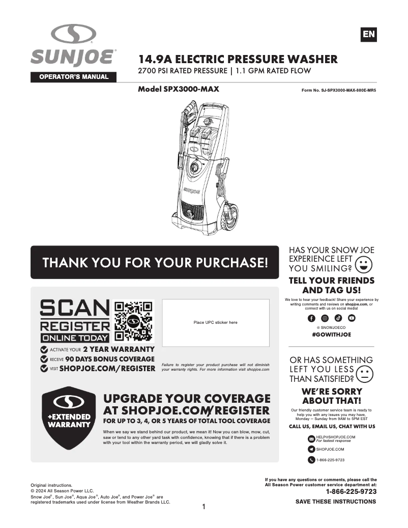 Page 1 de la notice Manuel utilisateur Sun Joe SPX3000