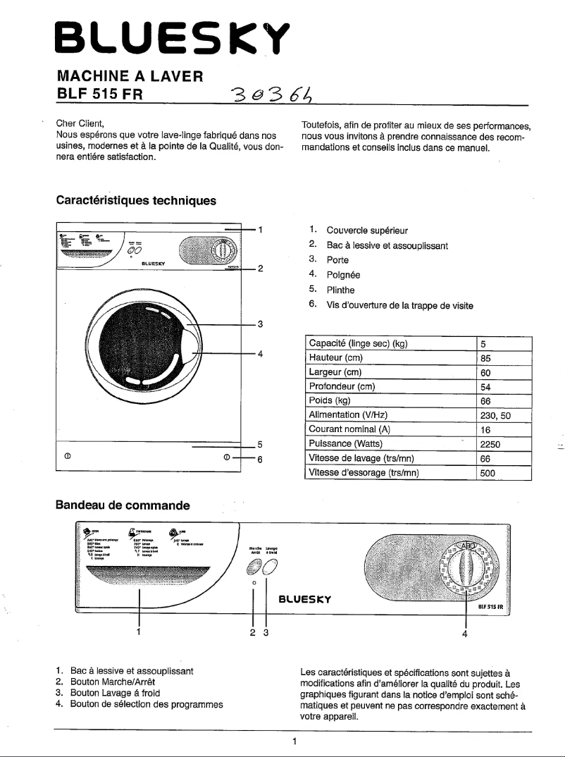 Page 1 de la notice Manuel utilisateur Bluesky BLF 515 FR